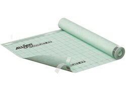 Grünliche Bodenfolie in Rollenform mit Raster und Aufdruck.