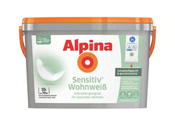 Grauer Eimer mit weißem Logo des Alpina Sensitiv Wohnweiß