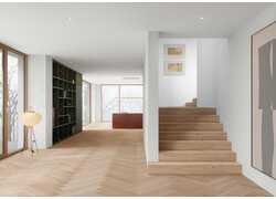 Modernes Interieur mit Holztreppe und Parkett