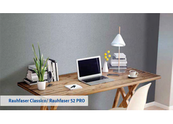 Erfurt Rauhfaser Classico, Rauhfaser 52 PRO, Schreibtisch vor grauer Tapete