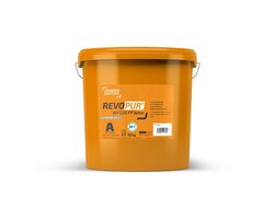 Orangefarbender Eimer der Marke Franken Systems mit der Bezeichnung "REVOPUR WP220 FP base", der ein zweikomponentiges, schnell härtendes Abdichtungssystem mit der Kennzeichnung "A" und einem Gewicht von 12 kg darstellt.