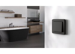 Modernes Badezimmer mit schwarzem Lichtschalter.