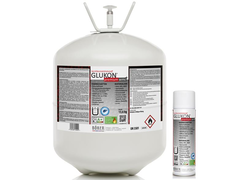Großer Druckbehälter und Sprühdose des Sprühkontaktklebstoffes "GLUKON premium wmc".