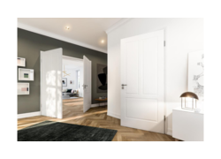 Helles, modernes Interieur mit weißen Türen, Parkettboden und minimalistischer Dekoration