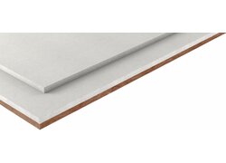 Gipsfaser Estrich-Element mit Holzfaserdämmung, zwei weiße verschiedene Platten, übereinander gelegt, Ausschnitt