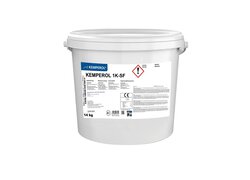 14-kg-Eimer des Produkts "Kemperol 1K-SF" von Kemper System, das als Abdichtungsmaterial dient und technische Informationen sowie Sicherheitskennzeichnungen auf dem Etikett trägt.