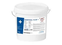  14-kg-Eimer des Produkts "Kemperol 1K-SF+" mit einem Etikett, das technische Details, ein Gefahrensymbol, Anwendungshinweise und Herstellerinformationen enthält.
