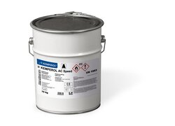  15-kg-Eimer des Produkts "Kemperol AC Speed," Komponente A, mit einem Etikett, das technische Details, Gefahrensymbole (entzündlich und reizend), die UN-Nummer 1993, Anwendungshinweise und Herstellerinformationen enthält.