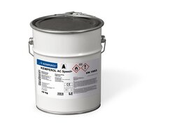 10-kg-Eimer des Produkts "Kemperol AC Speed+," Komponente A, mit einem Etikett, das technische Daten, Gefahrensymbole (entzündlich und reizend), die UN-Nummer 1993 sowie Anwendungshinweise und Herstellerangaben enthält.