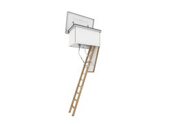 vollständig ausgezogene Dachbodentreppe, die von der Decke herunterklappt. Die Leiter besteht aus Holz, während die Klappe und der Rahmen in Weiß gehalten sind.