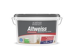 5-Liter-Eimer von "Schöner Wohnen Altweiss", verpackt in einem grauen Behälter. Die Farbe ist ein gebrochenes Weiß, matt und für den Innenbereich gedacht. Sie bietet sehr hohe Deckkraft und ist waschbeständig, ideal für die Anwendung auf Rauhfaser. Sie deckt ca. 35 m² ab.