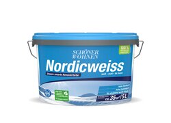 15-Liter-Eimer von "Schöner Wohnen Nordicweiss" in einem blauen Behälter. Die Farbe ist weiß und matt, speziell für Innenräume konzipiert, bietet hohe Deckkraft und Ergiebigkeit, und deckt ca. 35 m² ab.