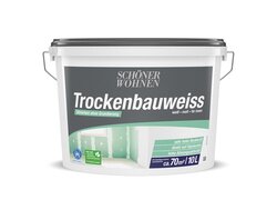 10-Liter-Eimer von "Schöner Wohnen Trockenbauweiss", der in einem grau-weißen Behälter dargestellt wird. Die Farbe ist weiß und matt, speziell für den Innenbereich und für die direkte Anwendung auf Gipskarton ohne Grundierung konzipiert. Sie bietet sehr hohe Deckkraft und eine Abdeckung von ca. 70 m².