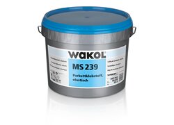 18kg- Eimer des elastischen Parkettklebstoffes "WAKOL MS 239", der in einem blau-grauen Farbschema gehalten ist. 