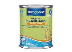 125 ml Dose swingcolor Acryl-Klarlack seidenmatt, wasserbasiert, geeignet für Holz, Metall und Hart-PVC, stoß- und schlagfest, schnell trocknend, als 2in1 Lack + Grundierung für Innen- und Außenbereich, mit „Blauer Engel“-Umweltzeichen.