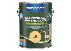 2,5-Liter Dose Swingcolor Universal Hartholz-Öl in Grün, die farblos ist und für den Schutz und die Pflege von Harthölzern im Außenbereich verwendet wird.