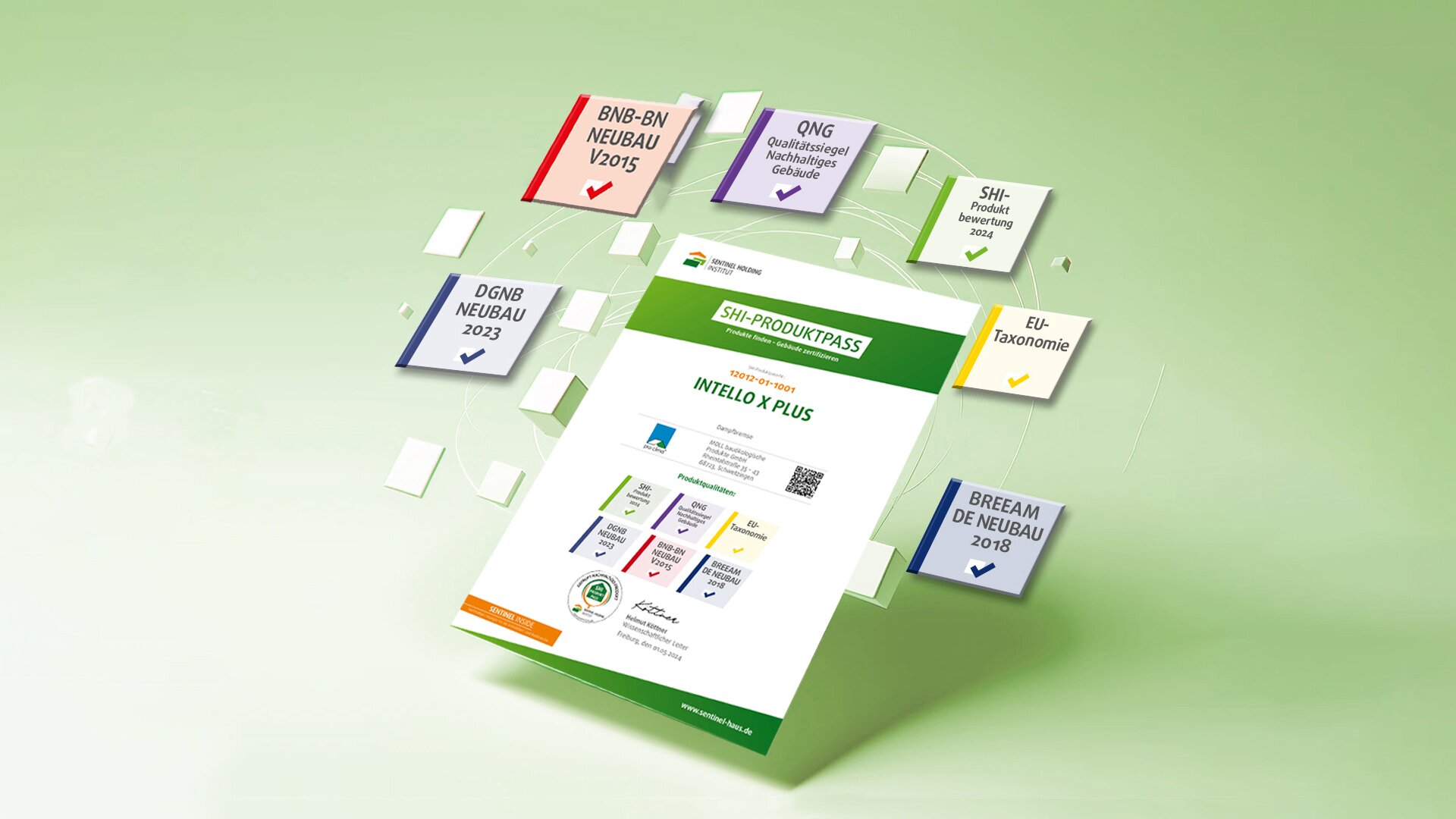 Ein Bild zeigt ein Zertifikat namens "SHI-Produktpass" für das Produkt "Intello X Plus" von Sentinel Holding Institut. Um das Zertifikat herum schweben verschiedene Qualitäten mit Texten wie "BNB-BN Neubau V2015", "QNG Qualitätssiegel Nachhaltiges Gebäude", "SHI-Produktbewertung 2024", "EU-Taxonomie", "DGNB Neubau 2023" und "BREEAM DE Neubau 2018". Der Hintergrund ist grün mit einem dezenten Muster.