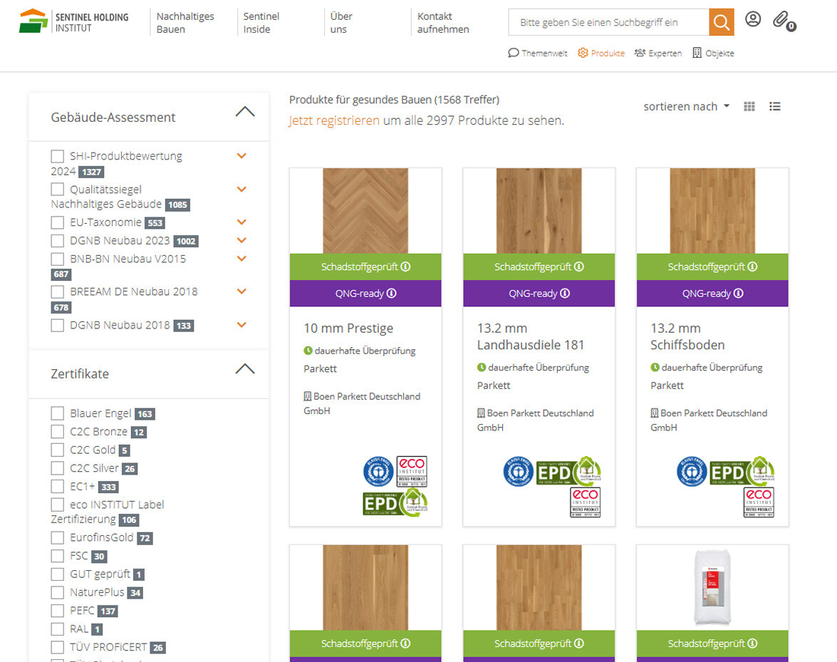 Auf der ansciht sieht man die SHI-Produktdatenbank in der verschiedene Produkte angezeigt werden die die Kriterien des SHI erfüllen.